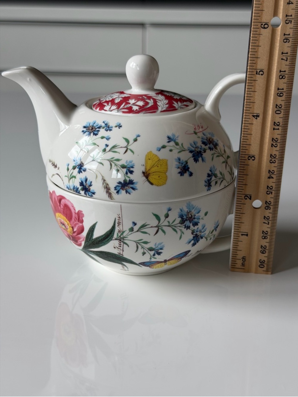 Fringe Porcelain 2-Piece Stacking Tea for One Teapot - Floral  Peony Butterfly - Picture 12 of 13